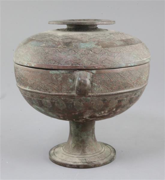 A Chinese archaic bronze ritual vessel and cover, Dou, Warring States period, 5th-4th century B.C., 20.5cm high, 24cm wide